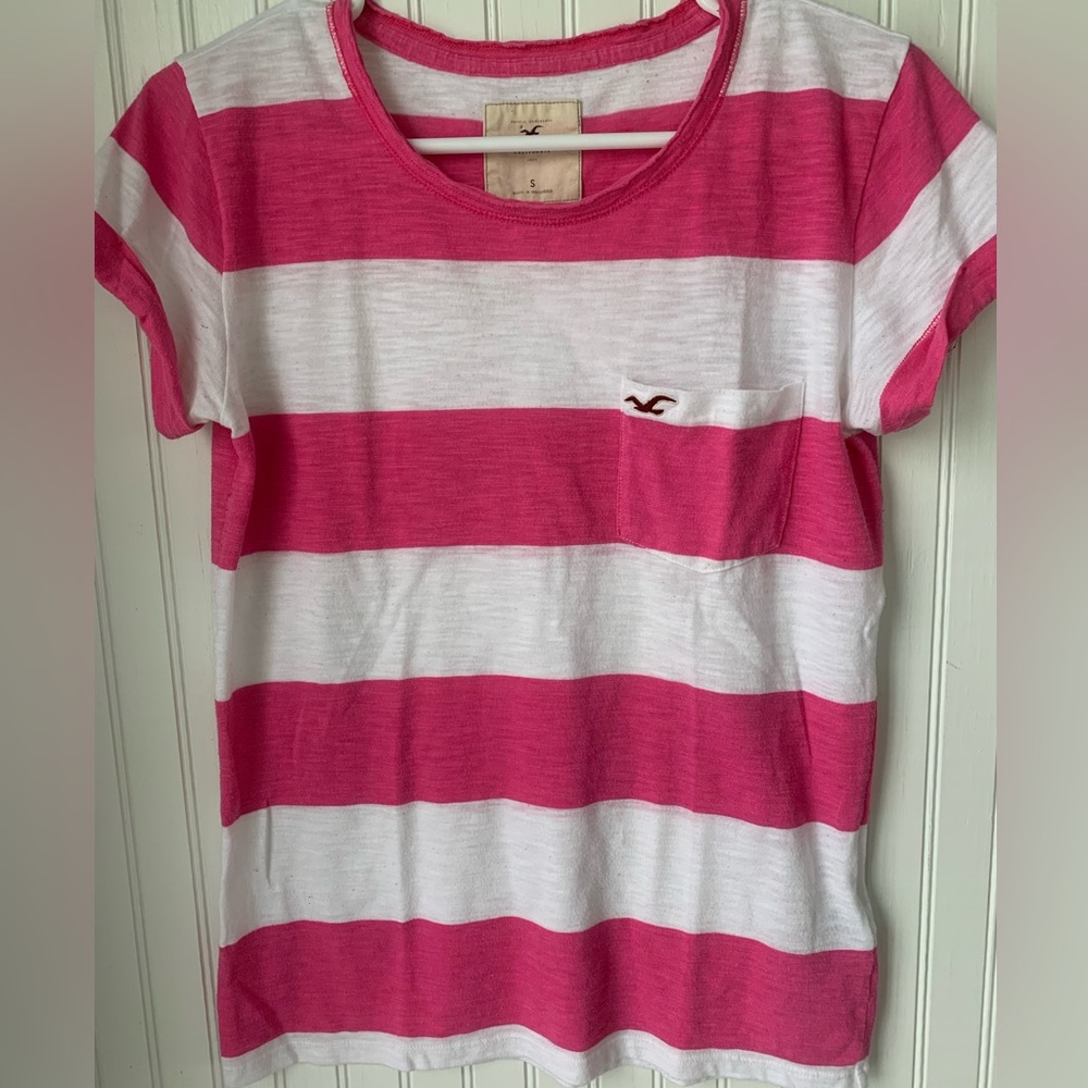 Hollister (small) short sleeve top; pink & white striped w/unfinished hem look